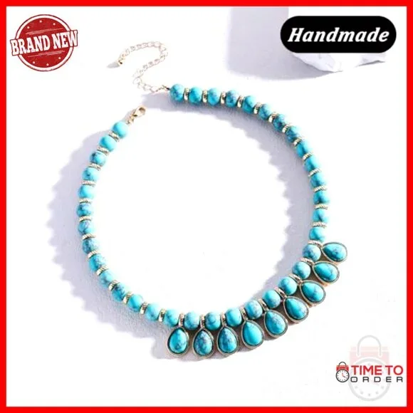 Genuine Turquoise Statement Gold Chunky Necklace Handmade Bolo Western Jewelry